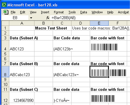 Bar code 128 in Excel screen shot