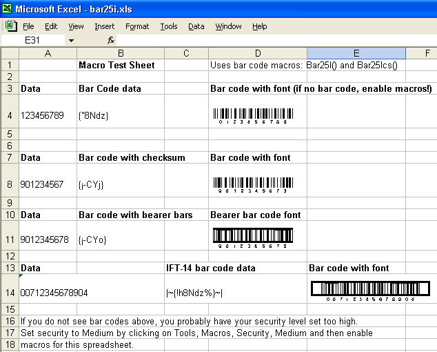 Bar code 2/5 interleaved in Excel screen shot