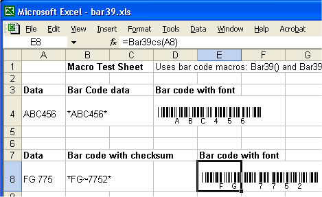 Codabar in Excel screen shot