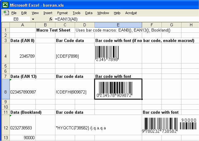 EAN Bar codes in Excel screen shot