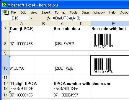 UPC Bar codes in Excel screen shot