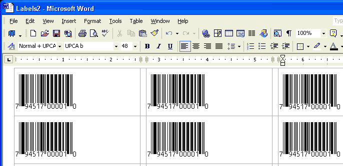 Printing bar code labels in Word