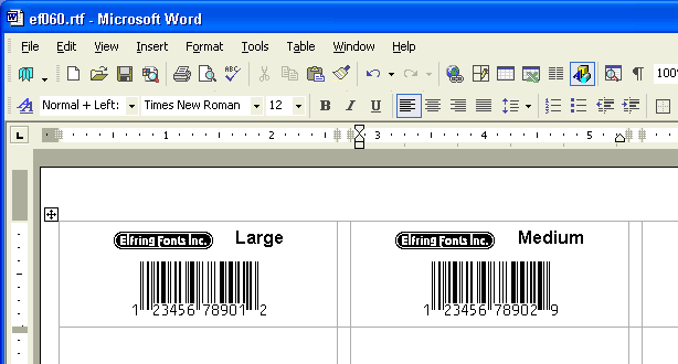 Printing bar code labels in Word