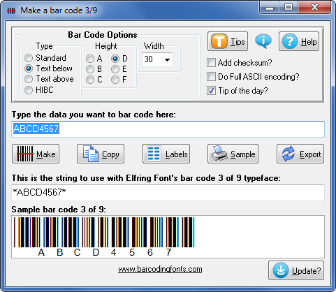 Click to see the Bar Code 128 font software utility that comes with this package