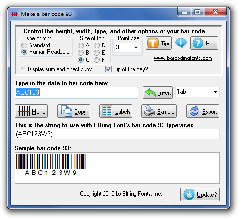 Click to see the Bar Code 93 font software utility that comes with this package