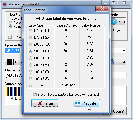 Software to print bar code 93 bar code labels