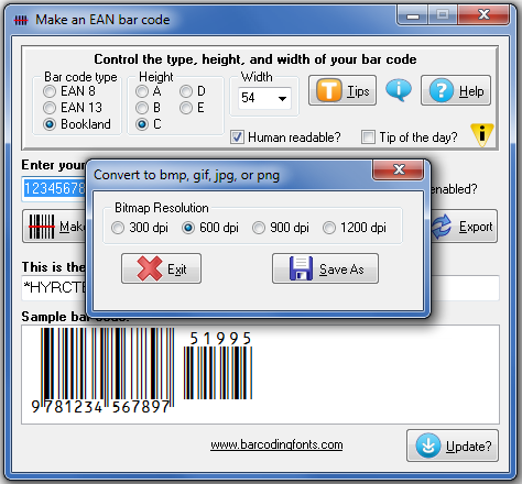 Exporting EAN bar code graphics