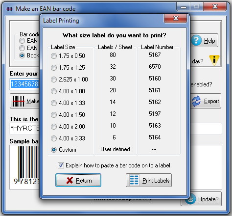 Printing EAN bar code labels