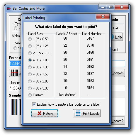 Software to build bar code labels