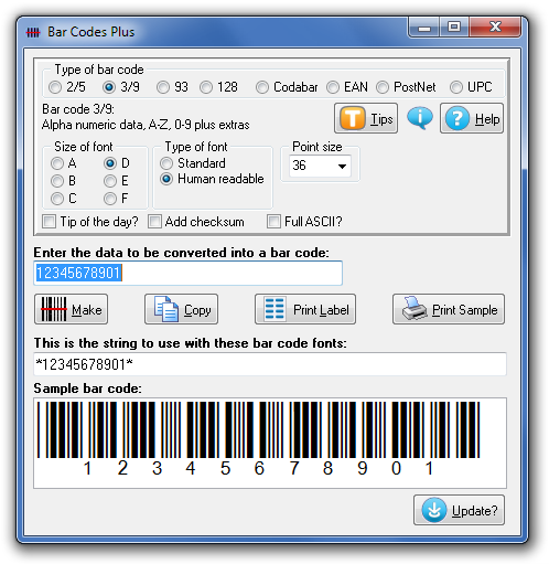 Click to see the Bar Codes Plus font software utility that comes with this package