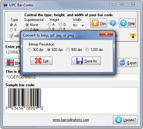 Exporting UPC bar code graphics