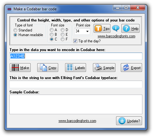 Click to see the Codabar font software utility that comes with this package