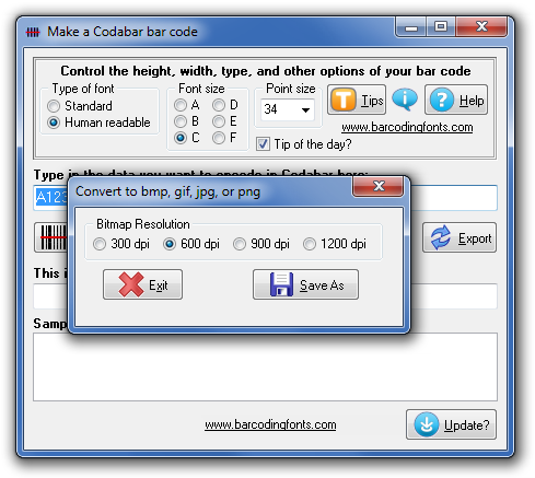 Software to export Codabar bar code images