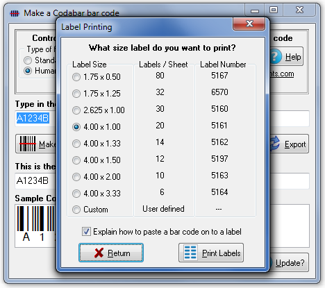 Software to print Codabar bar code labels